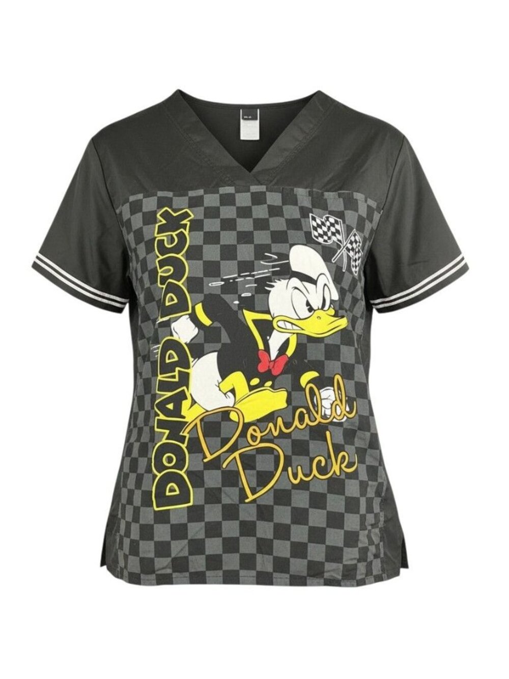 Disney Donald Duck Scrub Top 2XL Black Checkered Racing Short Sleeve V-Neck